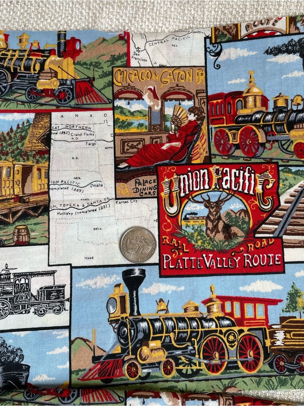Vintage Steam Train Stations Print Cotton Multicolor Fabric Remnants 2pcs 44x19" - Picture 4 of 5